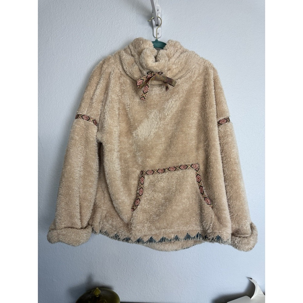 Sundance Sherpa Fleece Pullover Hoodie One Size Tan Boho Trim Cozy Soft